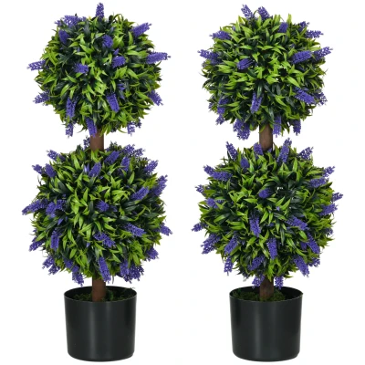 HOMCOM 2.3ft Set of 2 Artificial Plants, Lavender Flowers Ball Trees with Pot, for Home Indoor Outdoor Decor