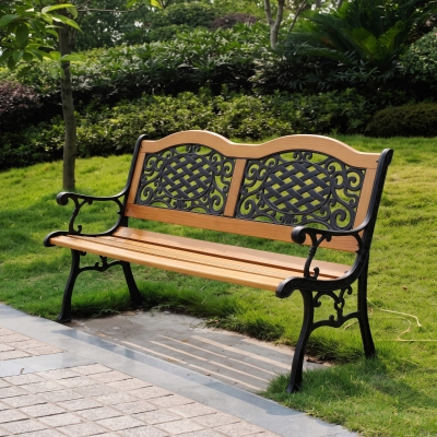Outsunny 50" Outdoor Garden Bench, Park Patio Bench Loveseat, Wood & Metal Frame with Plastic Flourish Backrest, Natural Wood