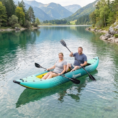 Outsunny 12'6"x37" Inflatable Kayak 2-Person, 2-Person Kayak Set with 2 Aluminum Paddles, Seats and Fins, Yellow&Grey