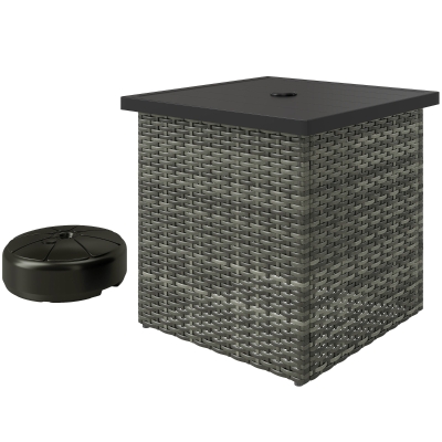 Outsunny Wicker Outdoor Side Table with Umbrella Hole & Storage, Gray