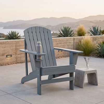 Outsunny Classic Adirondack Chair, Muskoka Chairs, Garden Deck Chair with Cup Holder for Patio, Indoor, Backyard, Dark Grey