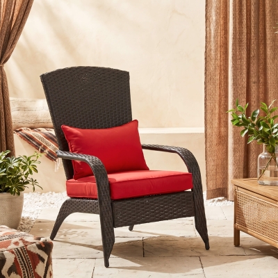 Outsunny Patio Wicker Adirondack Chair, Outdoor Rattan Muskoka Chair with Cushions for Patio, Garden, Backyard, Red