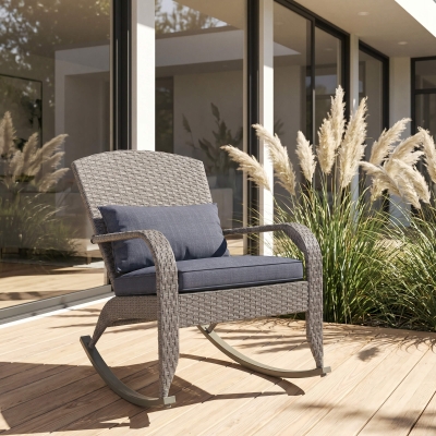 Outsunny Adirondack Chair, Outdoor Wicker Rocking Chair with High Back, Seat Cushion and Pillow for Porch, Balcony, Grey