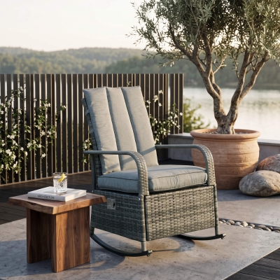 Outsunny Outdoor Wicker Rocking Chair with Cushion, Patio PE Rattan Recliner Chair with Adjustable Footrest, Armrests, Mixed Grey