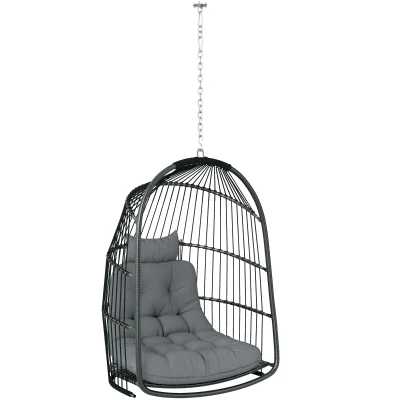 Outsunny Hanging Egg Chair, Foldable Rattan Garden Swing Chair with Installation Kit, Thickened Cushion and Headrest, Dark Grey