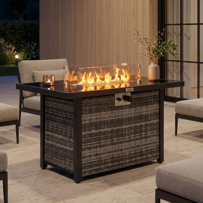 Outsunny Propane Fire Pit Table 43" Outdoor Fire Table, 50,000 BTU Pulse-Ignition Wicker Firepit Furniture with Glass Wind Guard, Blue Glass Rock, CSA Certification, Grey