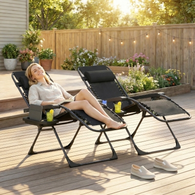 Outsunny Zero Gravity Chair Set of 2, Folding Reclining Outdoor Lounge Chair with Cup Holder, Headrest, Black