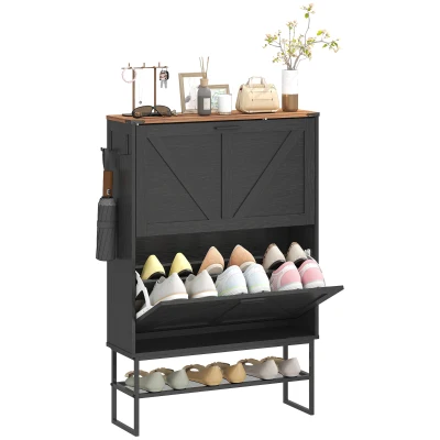 HOMCOM Narrow Shoe Storage Cabinet with 2 Flip Drawers, Slim Shoe Cabinet for 15-20 Pairs, Black Wood Grain