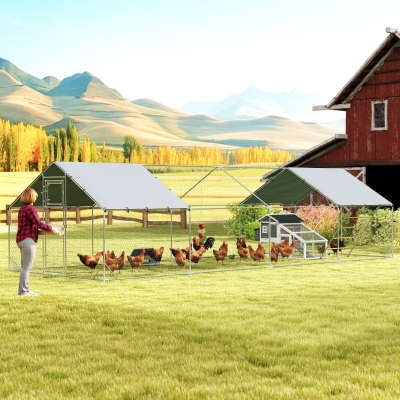 PawHut Large Metal Chicken Run with Waterproof & UV-Resistant Cover, Feeding Door, Hanging Feeder, Perch, for 24-30 Chickens