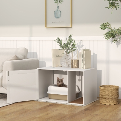 PawHut Cat Litter Box Enclosure, Cat Washroom End Side Table with Rattan Door, Scratching Pad, Non-slip Foot Pads, White