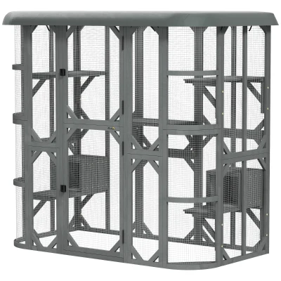 PawHut Catio Outdoor Cat Enclosure, 71" Wooden Cat House with Platforms, Condos and Waterproof Cover for 2–3 Kittens, Grey
