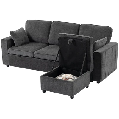 HOMCOM Modular Sectional Sofa Bed with Reversible Storage Ottoman, Pull Out Sleeper Sofa with Spring Cushion, Dark Grey