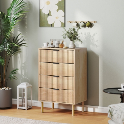 HOMCOM Chest of Drawers, 4 Drawer Dresser with Fluted Panels and Solid Wood Legs, Storage Cabinet for Living Room, Oak