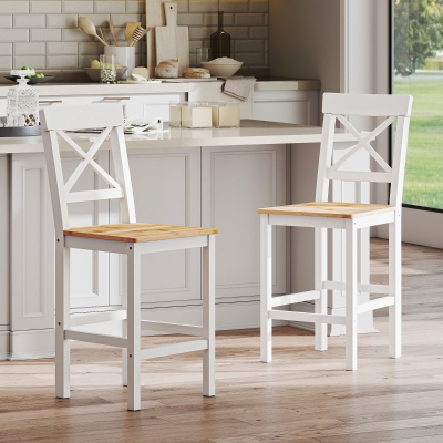 HOMCOM Counter Height Stools Set of 2, Farmhouse Bar Stools with Backs, Solid Wood Counter Stools for Kitchen Island