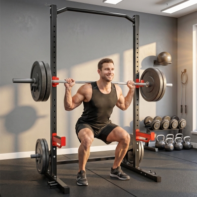 Soozier Power Cage Squat Rack, 1100LB Heavy-Duty Power Rack with Pull-Up Bar, Adjustable J-Hooks, Plates and Barbell Storage