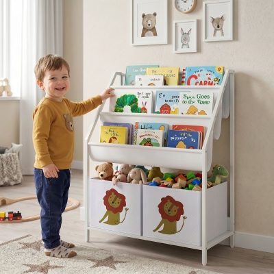 Qaba Kids Bookshelf, 3-Tier Sling Bookshelf with Toy Storage, Montessori Toy Organizer with Non-Woven Drawers for Kids Room