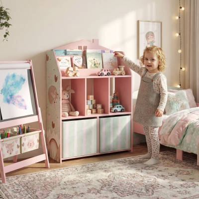 Qaba Kids Bookshelf with Storage, Toy Storage Unit with Book Display, Shelves and Fabric Drawers for Playroom Nursery, Pink