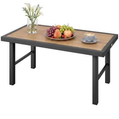 Outsunny Outdoor Side Table with SPC Woodgrain Tabletop, Metal Patio Coffee Table for Outside Garden, Brown