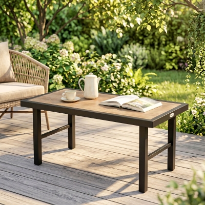 Outsunny Outdoor Side Table with SPC Woodgrain Tabletop, Metal Patio Coffee Table for Outside Garden, Brown