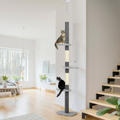 PawHut 88.5"-100.5" Floor to Ceiling Cat Tree, Cat Tower with Scratching Posts, Cloud Shaped Platforms, Dangling Balls, Grey