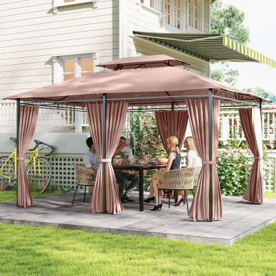Outsunny 10' x 13' Patio Gazebo, Outdoor 2-Tiers Garden Canopy Yard Sunshade Shelter with Curtains, Khaki
