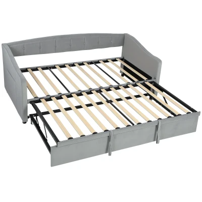 HOMCOM Upholstered Twin Size Trundle Bed, Velvet Twin to King Day Bed with Pop Up Trundle, Headboard and 2 Pockets, Light Grey
