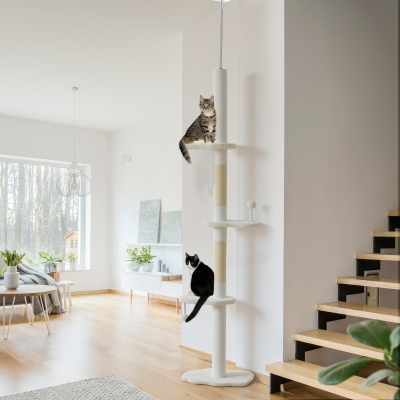 PawHut 88.5"-100.5" Floor to Ceiling Cat Tree, Cat Tower with Scratching Posts, Cloud Shaped Platforms, Dangling Balls, Cream
