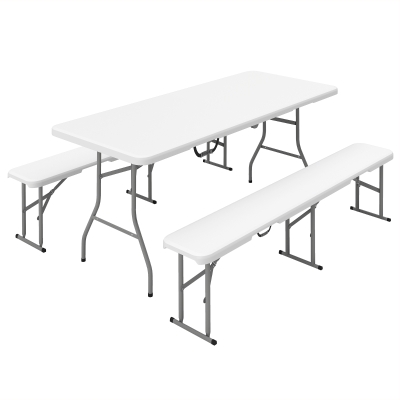 Outsunny 6FT 3-Piece Portable Outdoor Camping Table Bench Set with Carrying Handles, Folding Picnic Table with 2 Benches, White