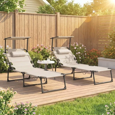 Outsunny 2 Pcs Folding Lounge Chair Set, Cushioned w/ Sun Shade, Cream White