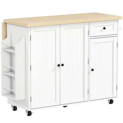 HOMCOM Kitchen Island Cart, Rolling Kitchen Island Table with Drop Leaf, Drawer, Spice and Towel Rack, White