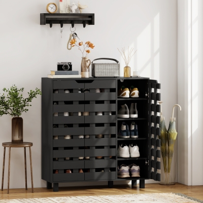 HOMCOM Shoe Cabinet, 17-20 Pairs Shoe Storage Cabinet with Hollowed-Out Doors, Black