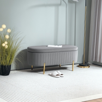 HOMCOM Upholstered Bedroom Bench, Channel Tufted Ottoman Bench with Thick Padding and Metal Legs, Grey