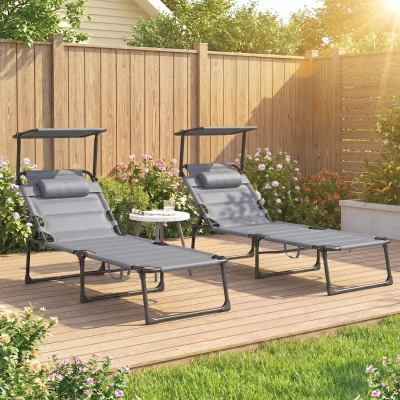 Outsunny 2 Pcs Adjustable Outdoor Lounge Chair, Folding, Gray