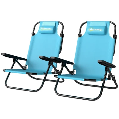 Outsunny Set of 2 Beach Chair 5-Position Adjustable Folding Camping Chair with Headrest Armrests Light Blue