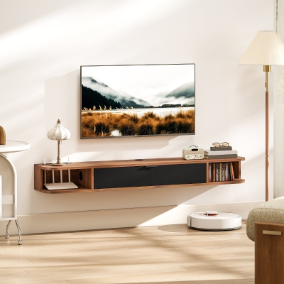 HOMCOM 55" Floating TV Stand for TVs up to 60 Inch, Wall Mounted Media Console with Flip Drawer and 2 Open Shelves, Walnut