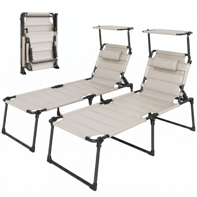 Outsunny 2 Pcs Folding Lounge Chair Set, Cushioned w/ Sun Shade, Cream White