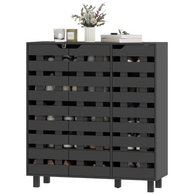 HOMCOM Shoe Cabinet, 17-20 Pairs Shoe Storage Cabinet with Hollowed-Out Doors, Black