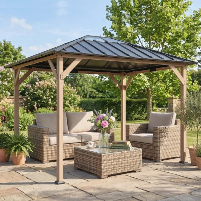 Outsunny 10' x 12' Hardtop Gazebo with Steel Roof, Light Walnut