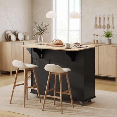HOMCOM Kitchen Island on Wheels with Wood Drop Leaf, Charging Station, Rolling Kitchen Cart with Adjustable Shelf, Black