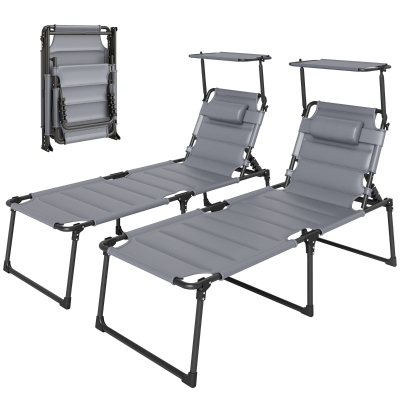 Outsunny 2 Pcs Adjustable Outdoor Lounge Chair, Folding, Gray