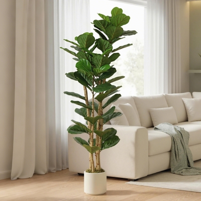 HOMCOM 6FT Artificial Fiddle Leaf Fig Tree, Fake Potted Tree with Solid Wood Trunks and Lifelike Leaves for Indoor Decor, Green