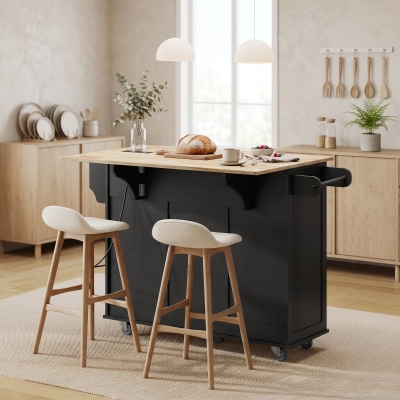 HOMCOM Kitchen Island on Wheels with Drop Leaf, Charging Station, Rolling Kitchen Cart with Wood Top, Adjustable Shelf, Black