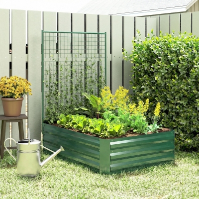 Outsunny Galvanized Raised Garden Bed with Trellis for Climbing Plants, Outdoor Planter Box with Open Bottom, Green