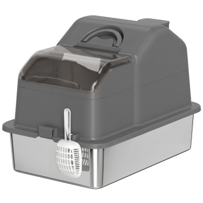 PawHut Extra Large Stainless Steel Cat Litter Box w/ High Sided, Removable Lid, Scoop, Odor Free, Non-Sticky, Dark Grey