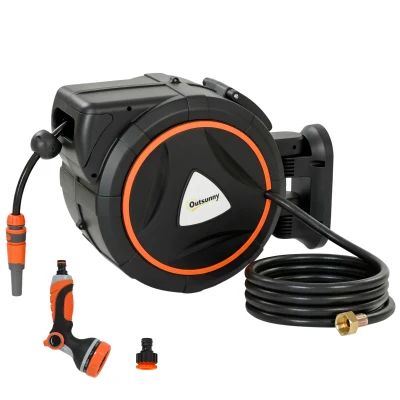 Outsunny Retractable Garden Hose Reel, 1/2"x75.5ft Wall Mounted Hose Reel with 12-Pattern Nozzles, Auto Retraction, Self-Locking