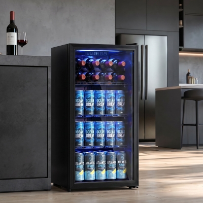 HOMCOM 3.2 Cu.Ft Beverage Refrigerator, 139 Can Beverage Fridge Cooler with Double-Layer Glass Door