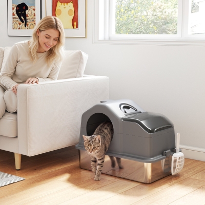 PawHut Extra Large Stainless Steel Cat Litter Box w/ High Sided, Removable Lid, Scoop, Odor Free, Non-Sticky, Dark Grey