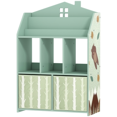 Qaba Kids Bookshelf with Storage and Fabric Drawers, Green