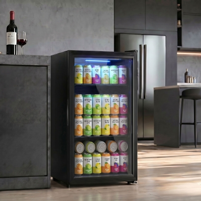 HOMCOM 3.2 Cu.Ft Beverage Fridge, 128 Can Drink Fridge with Glass Door, Auto-Defrost and LED Light for Soda, Beer, Black