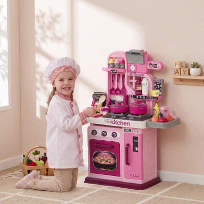 Qaba Kids Play Kitchen with Lights, Sounds, 33 Accessories & Storage for Toddler 3-6 Years